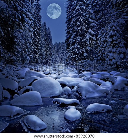 winter night scenery with mountain river