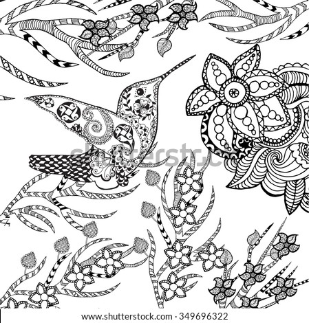 Zentangle stylized tropical bird in flower garden. Animals. Hand drawn doodle. Ethnic patterned illustration. African, indian, totem tatoo design. Sketch for avatar, tattoo, poster, print or t-shirt.