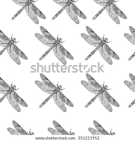 Dragonfly pattern. Animals. Hand drawn doodle insect. Ethnic patterned vector illustration. African, indian, tribal, zentangle design. Sketch for adult coloring page, tattoo, posters, print or t-shirt