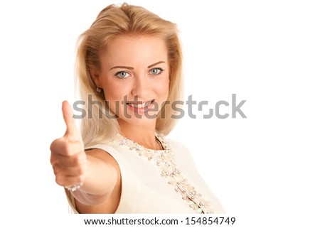 Success - Beautiful young woman showing thump up isolated over white background