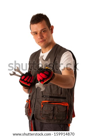 Young mechanic isolated over white background