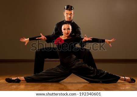 Professional ballroom dance couple preform an romantic exhibition dance