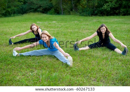 Three girl work out in nature
