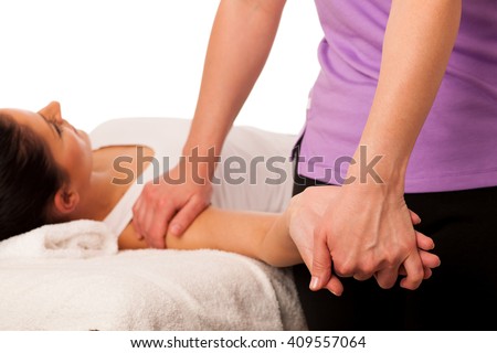 physiotherapy -therapist exercising with patient , working on arm stretching