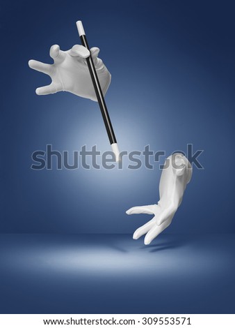 shot of an illusion or magic trick being performed by an invisible magician on a blue, halo, vignette style background.