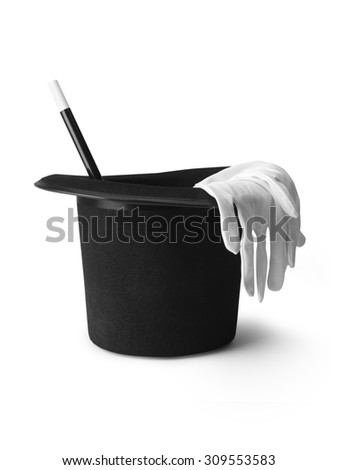 shot of a magicians top hat, gloves and magic wand isolated on a pure white background with a clipping path and copy space.