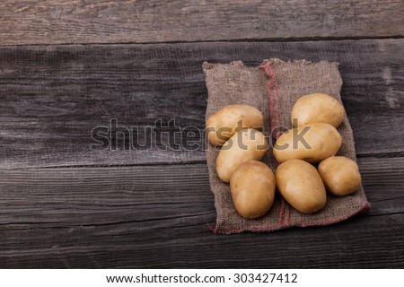 Fresh Potato with Vintage Burlap Bag on Wood Table Background Wallpaper, Concept and Idea of Food Cook Rustic Still life Style. / Pair, Two