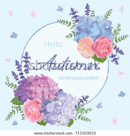 Floral frame with autumn hydrangea flowers, rose, lavender, and leaf on blue in the background. Vector set of blooming flower for your design. Adornment for wedding invitations and greeting card.
