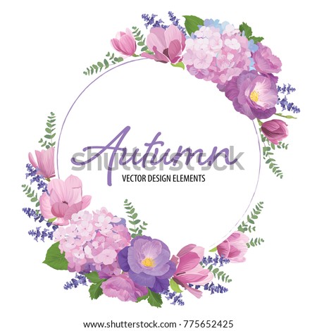 Floral frame with autumn hydrangea flowers, rose, magnolia and lavender on white background. Vector set of blooming floral for wedding invitations and greeting card design.