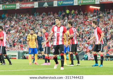 BILBAO, SPAIN - AUGUST 14: The Athletic Bilbao defending a corner in the match of the Spain Supercup Athletic Club Bilbao vs Barcelona on August 14, 2015 in Bilbao, Spain