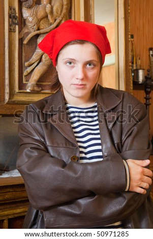 Vintage portrait of girl in red kerchief and sailor\'s striped vest