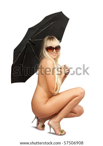 stock photo Topless girl in beach sun glasses with umbrella