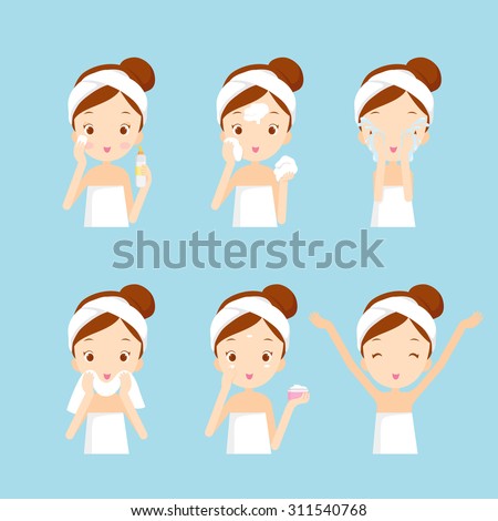 Girl cleaning and care her face with various actions, facial, treatment, beauty, healthy, hygiene, lifestyle, set