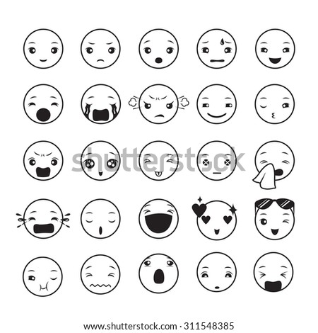 Emoticon icons set with various emotions, monochrome, emoji, facial, feeling, mood, personality, symbol