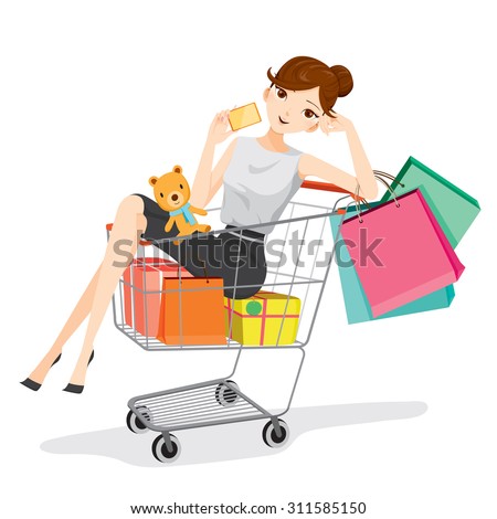 Woman holding card siting in shopping cart, goods, food, beverage, beauty, lifestyle