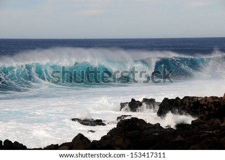 A huge wave breaking on the western coast of Lanzarote.