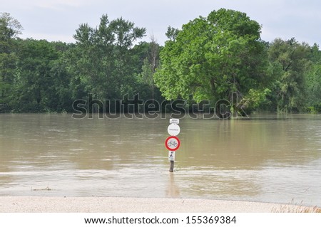 Flood waters of Danube and Morava rivers near their junction, early summer.