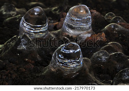 A group of thawing ice stalagmites.