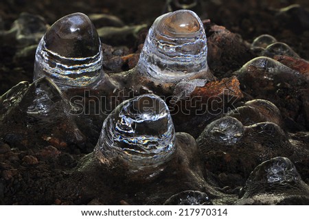 A group of thawing ice stalagmites.
