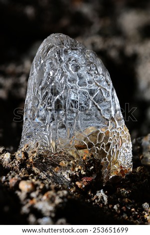 Thawing ice stalagmite inside an abandoned mine in Banska Stiavnica, Slovakia.