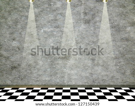 Empty Room with black and white tiled floor and spot lights
