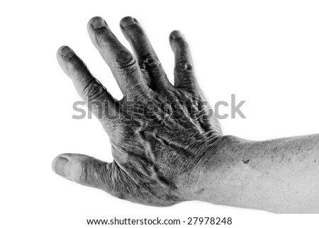 Old wrinkled hand isolated on white, black and white.