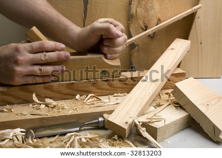 Joinery workshop with wood tools - closeup