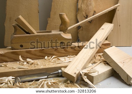 Joinery workshop with wood tools - closeup