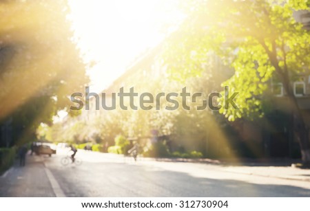Defocused image of street with trees and sunlight