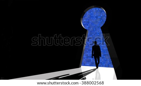 Black hat hacker walks through keyhole shaped backdoor towards a random letter background 3d security concept