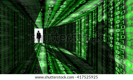 A silhouette of a hacker with a black hat in a suit enters a hallway with walls textured with green digital glowing strains 3D illustration cybersecurity concept