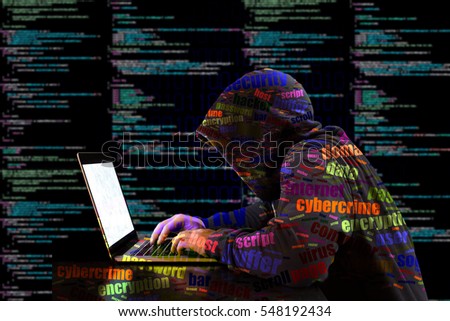 Hacker in a colored hoody typing in front of a code background with binary streams and information security terms cybersecurity concept