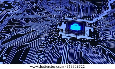 Blue circuit board closeup connected to a cpu with a glowing padlock symbol on top cybersecurity concept 3D illustration