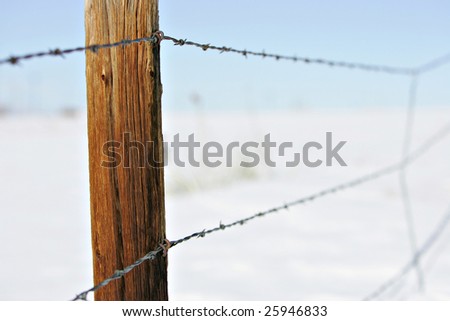 Weathered, rustic fence post with barb wire receding into distance.
