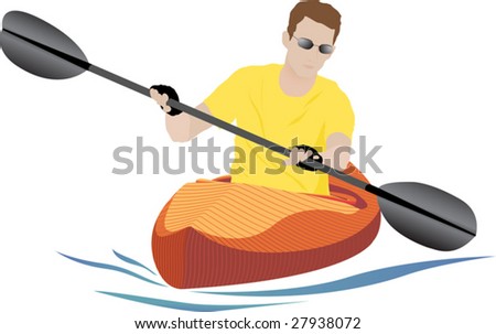 Semi-realistic kayaker on white background with orange kayak and small blue wake. Vector illustration.