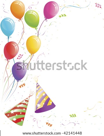 Party Layout with Balloons, Party Hats, and Confetti. All elements on separate layers.