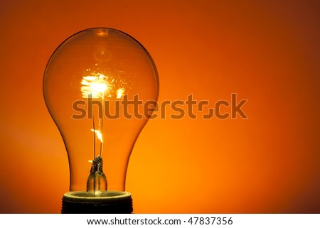 Incandescent Light Bulb on Orange. Spot lit background. Studio lit.