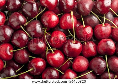 Red cherries in heap with focus across cherries on top layer.