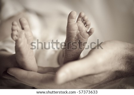 Newborn baby feet in father's hand. Focus on foot on right.