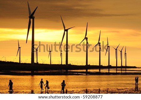 golden sunset at the wind-power station