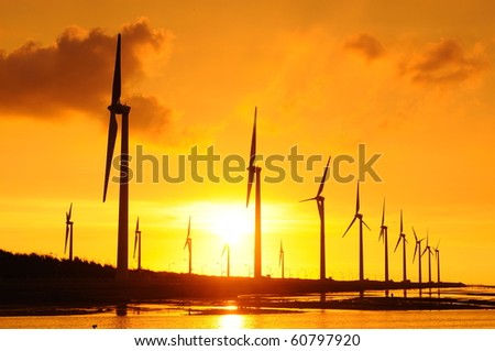 the golden sunset at the wind-power station