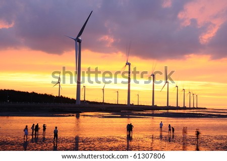 the beautiful sunset at the wind-power station