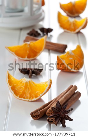 Aroma spicy ingredients on white table, orange, cinnamon and anise