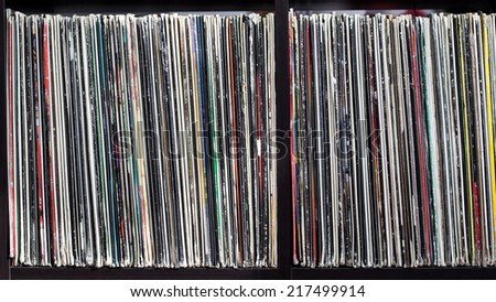 Stack of old vinyl records. closeup