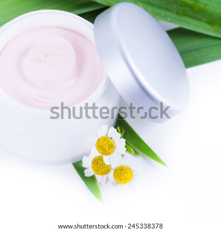 Skincare creams with camomile extract, natural organic cosmetics