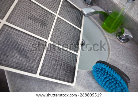 Dirty dust filters of air conditioner ready for cleaning