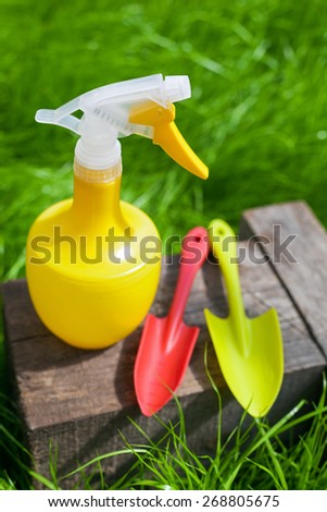Gardening tools. Plastic watering can, mini shovel and fork on grass background