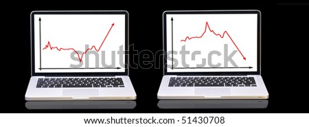 Two laptops with diagram on screen isolated on black
