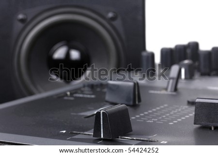 Dj mixer and loudspeaker in dj studio, closed-up