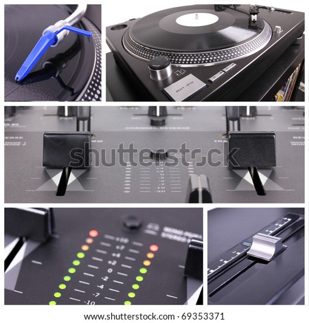 Dj tools collage. Mixer and turntable parts